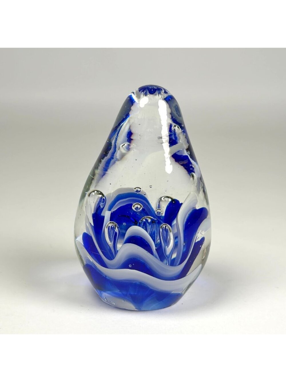 Vintage Handblown Art Glass Paperweight Blue White Swirl Design Teardrop Shape